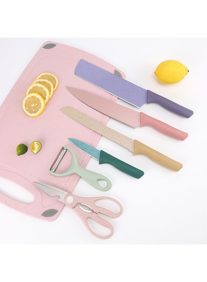 6-Piece Colorful Kitchen Knife Set with Non-Stick Coating,  Wheat Straw Material Handle Knife Set for Cutting Meat Scissors Peeler Slicing Paring Fruits Vegetables - Image 3