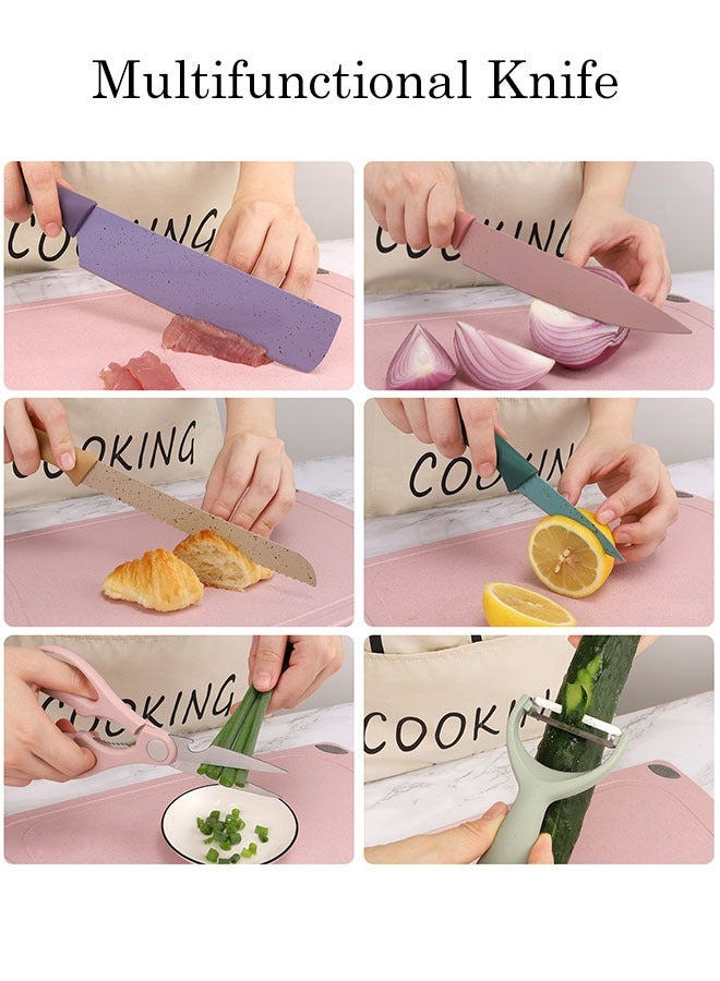 6-Piece Colorful Kitchen Knife Set with Non-Stick Coating,  Wheat Straw Material Handle Knife Set for Cutting Meat Scissors Peeler Slicing Paring Fruits Vegetables - Image 4