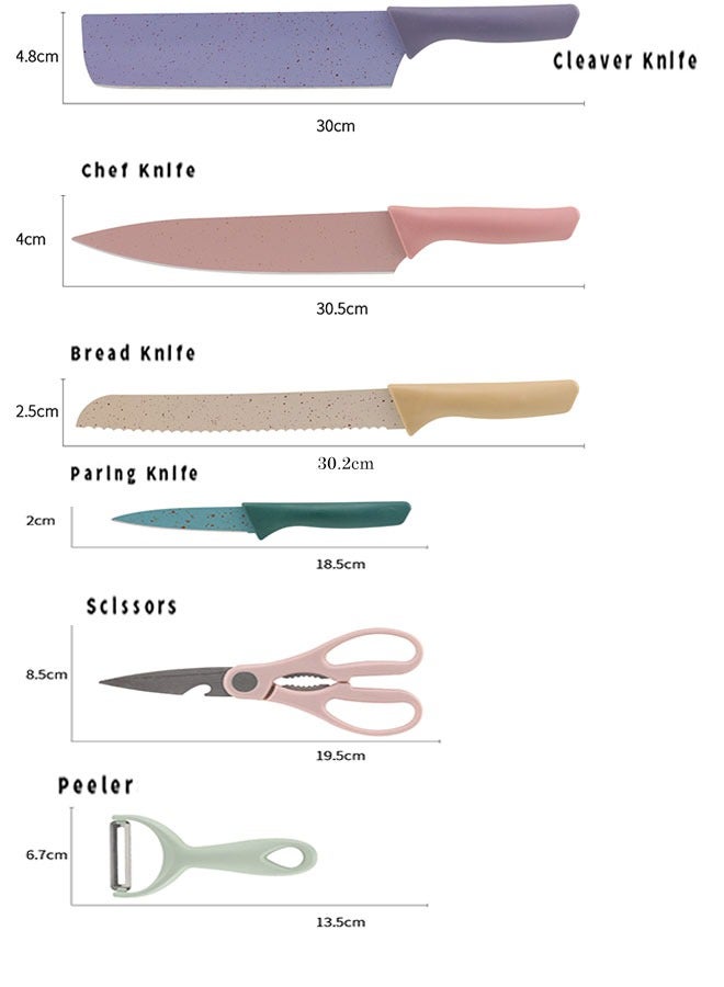 6-Piece Colorful Kitchen Knife Set with Non-Stick Coating,  Wheat Straw Material Handle Knife Set for Cutting Meat Scissors Peeler Slicing Paring Fruits Vegetables - Image 2