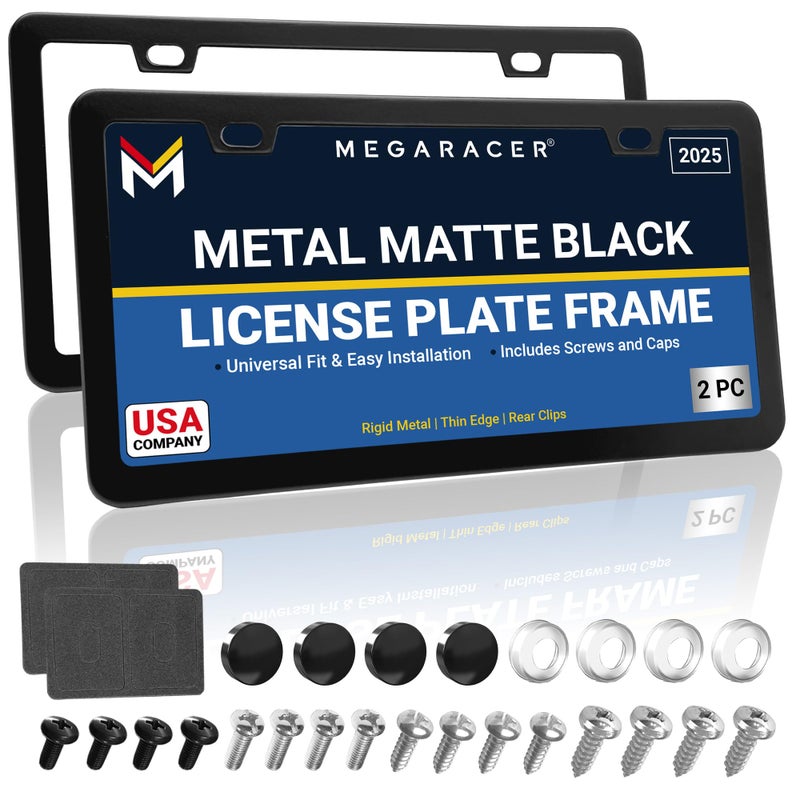 Mega Racer Slimline Matte Black License Plate Frames Metal | 2 Pack | Screws Fits Bmw Tesla Mercedes Porsche Audi Lexus | Slim Thin Cool Licence Plate Holder | Porta Placas Para Auto All Car Tag Frame Cap - Image 1