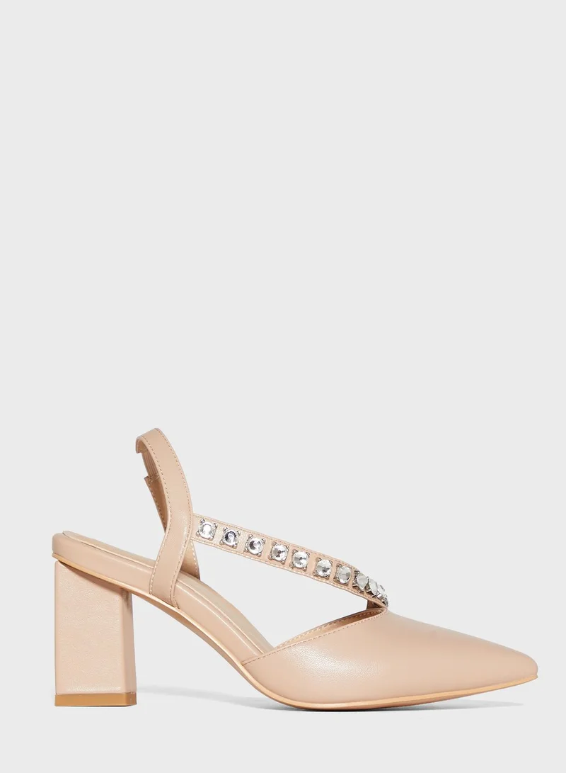 Khizana Asymmetric Bejewelled  Strap Pointed Pump