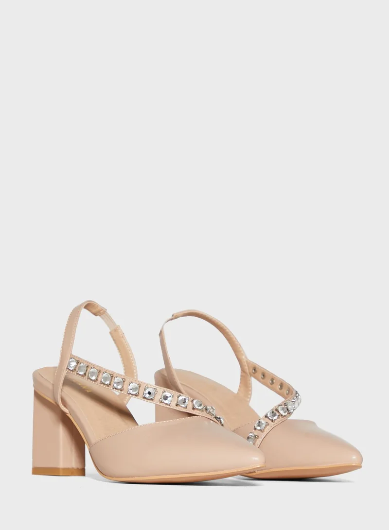 Khizana Asymmetric Bejewelled  Strap Pointed Pump