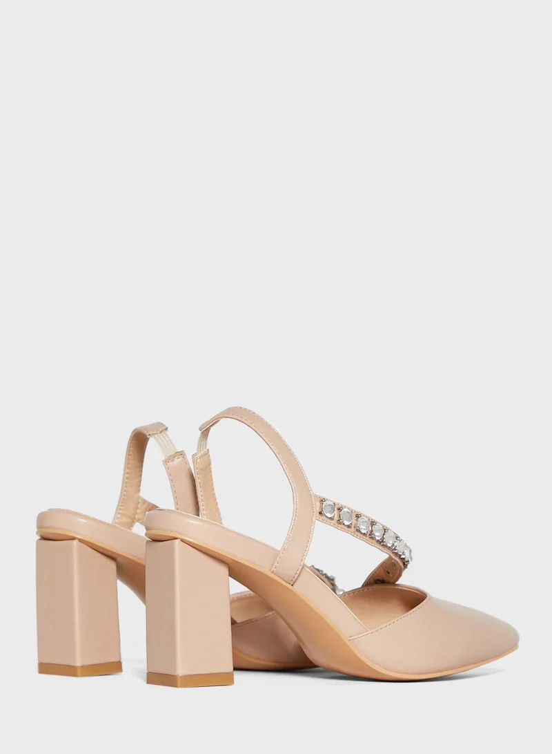 Khizana Asymmetric Bejewelled  Strap Pointed Pump