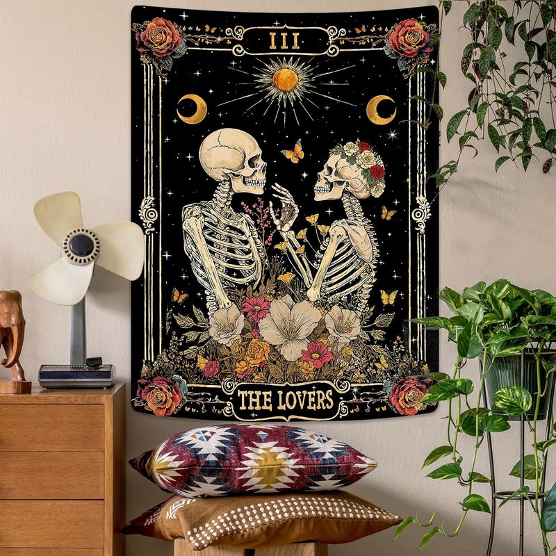 Kanuyee The Lovers Skeleton Tapestry for Bedroom Wall Hanging Moon and Floral Design Tapestries for Living Room Decor 44 x 60 Inch Black and Gold - Image 3