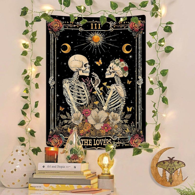 Kanuyee The Lovers Skeleton Tapestry for Bedroom Wall Hanging Moon and Floral Design Tapestries for Living Room Decor 44 x 60 Inch Black and Gold - Image 2