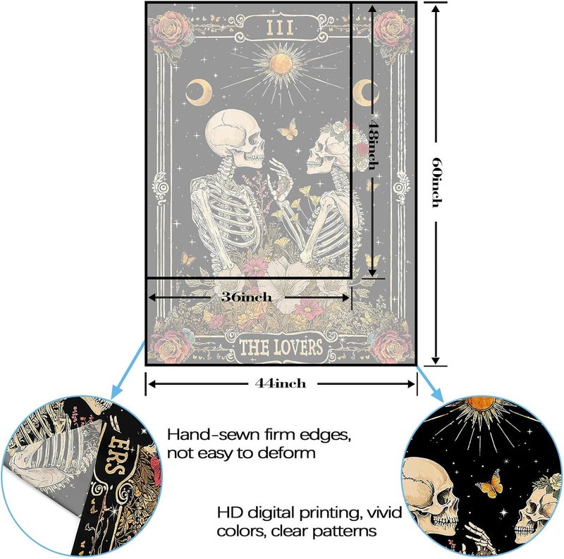 Kanuyee The Lovers Skeleton Tapestry for Bedroom Wall Hanging Moon and Floral Design Tapestries for Living Room Decor 44 x 60 Inch Black and Gold - Image 5