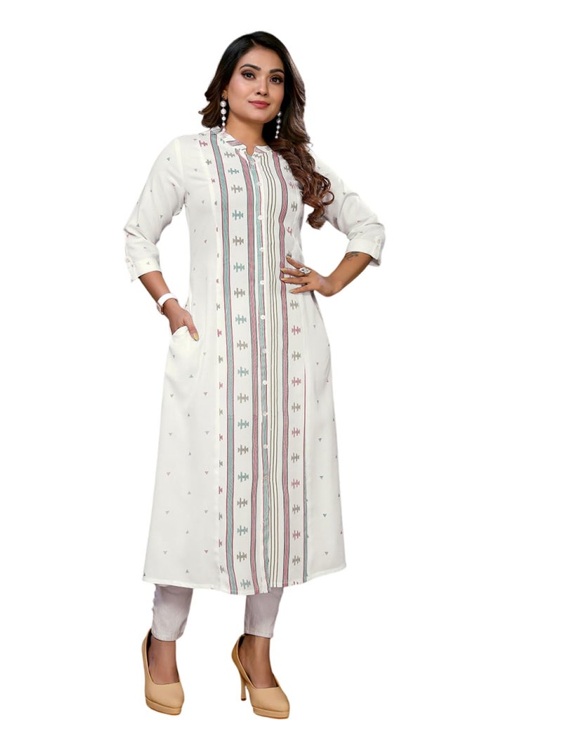 rangita Off White Rayon Calf Length Printed A-Line Kurti | Kurta for Women_L - Image 1