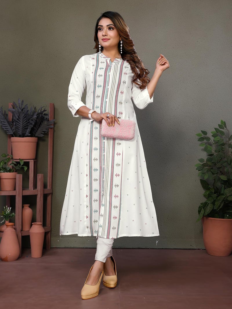 rangita Off White Rayon Calf Length Printed A-Line Kurti | Kurta for Women_L - Image 5