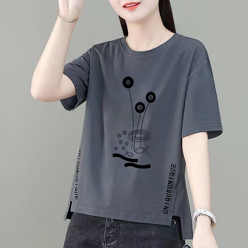 2023 Summer New Arrival Asymmetrical Printed Short Sleeve T-Shirt Womens Short Front Short Rear Long T-Shirt Top Fashion T-Shirt 95 Lotus Grey 