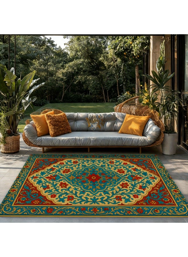 Bohemian Vintage Floral Area Rug, Indoor Outdoor Polyester Mat, Non-Slip, Peacock Blue Red Yellow - Image 3