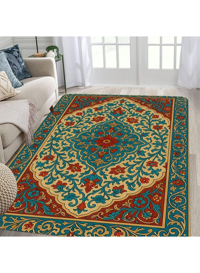 Bohemian Vintage Floral Area Rug, Indoor Outdoor Polyester Mat, Non-Slip, Peacock Blue Red Yellow - Image 2