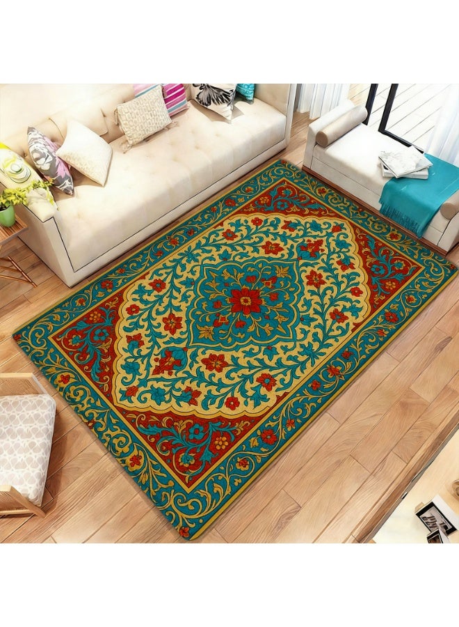 Bohemian Vintage Floral Area Rug, Indoor Outdoor Polyester Mat, Non-Slip, Peacock Blue Red Yellow - Image 1
