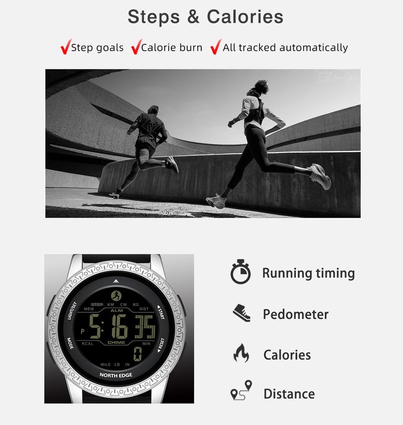 NORTH EDGE 5ATM Waterproof, Dual City Time, Glow Face Tech, Pedometer, Calories, Countdown, Alarm, Scratch-Resistant Outdoor Sports Watch for Men (Black case Black Strap) - Image 5