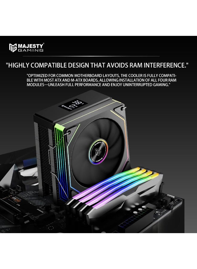 Majesty 6 Heat Pipes CPU Air Cooler with Digital Display, 120mm Hydraulic ARGB Fan, Low Noise 30dBA, 220W Heat Dissipation, Compatible with Intel LGA1700 & AMD AM5 - Black - Image 4