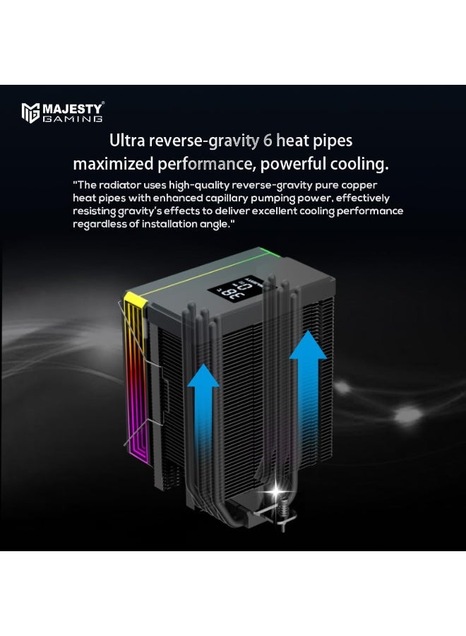 Majesty 6 Heat Pipes CPU Air Cooler with Digital Display, 120mm Hydraulic ARGB Fan, Low Noise 30dBA, 220W Heat Dissipation, Compatible with Intel LGA1700 & AMD AM5 - Black - Image 5