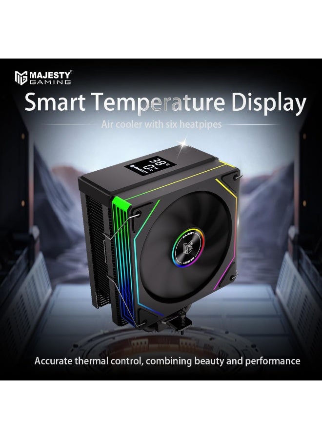 Majesty 6 Heat Pipes CPU Air Cooler with Digital Display, 120mm Hydraulic ARGB Fan, Low Noise 30dBA, 220W Heat Dissipation, Compatible with Intel LGA1700 & AMD AM5 - Black - Image 2