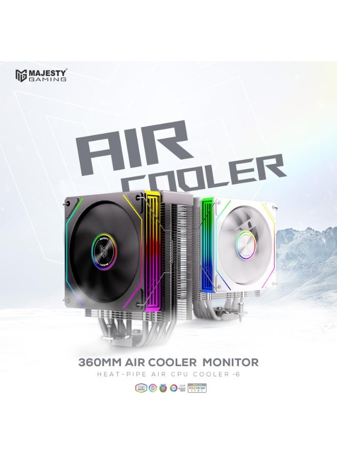 Majesty 6 Heat Pipes CPU Air Cooler with Digital Display, 120mm Hydraulic ARGB Fan, Low Noise 30dBA, 220W Heat Dissipation, Compatible with Intel LGA1700 & AMD AM5 - Black - Image 2