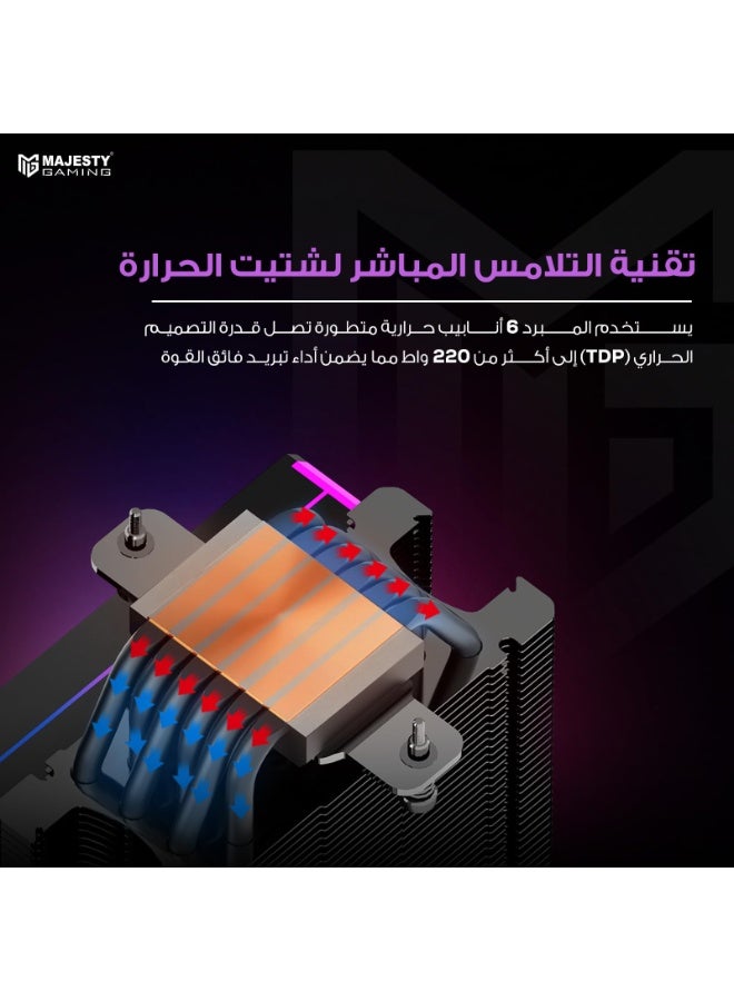 Majesty 6 Heat Pipes CPU Air Cooler with Digital Display, 120mm Hydraulic ARGB Fan, Low Noise 30dBA, 220W Heat Dissipation, Compatible with Intel LGA1700 & AMD AM5 - Black - Image 4