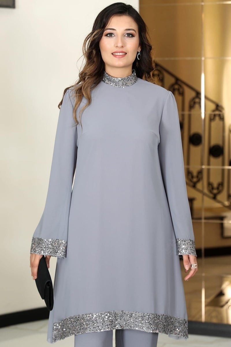 Esilanur Umay Chiffon Tunic Trousers Double Hijab Suit Gray - Image 2