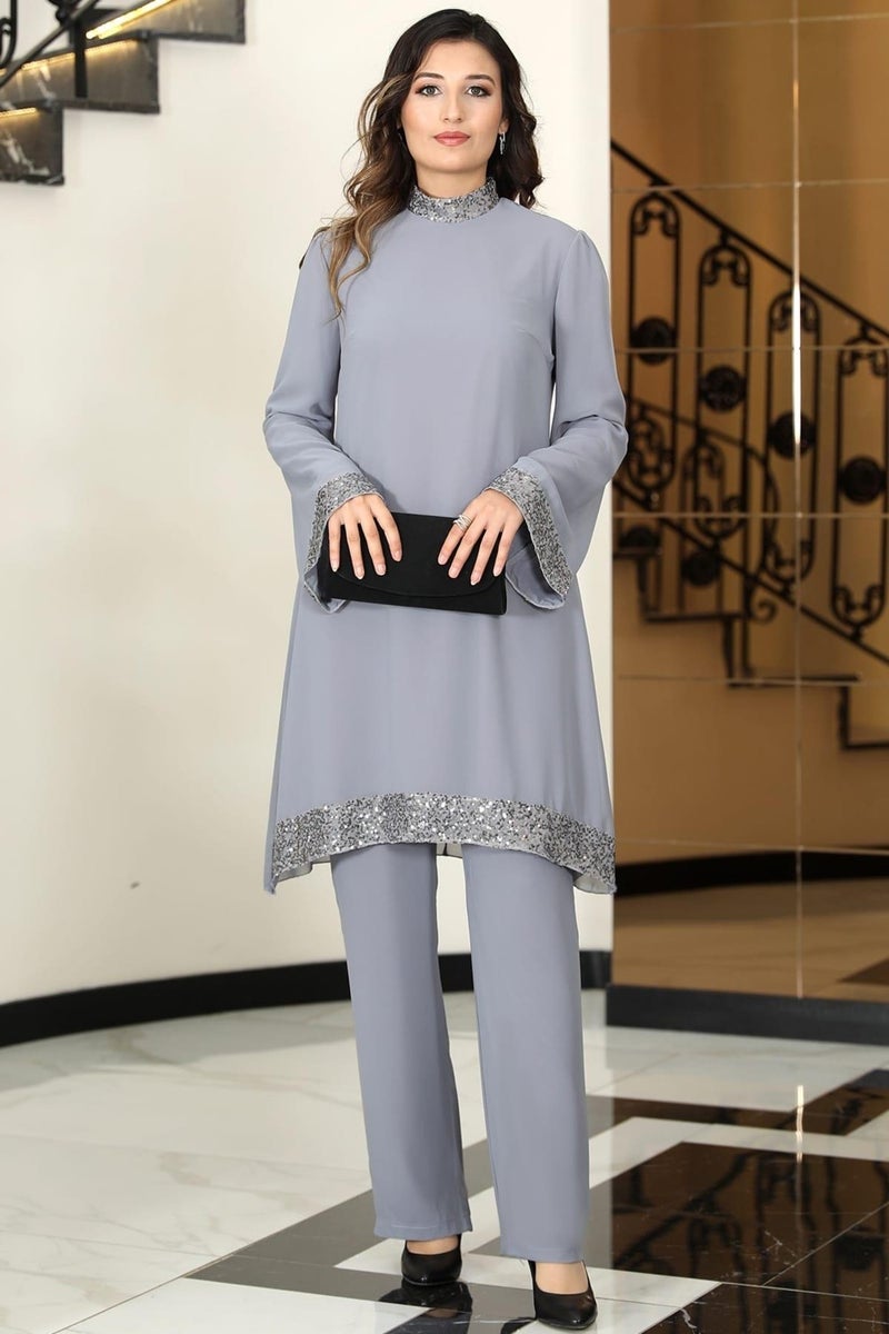 Esilanur Umay Chiffon Tunic Trousers Double Hijab Suit Gray - Image 1