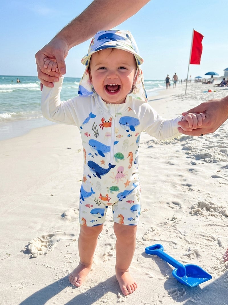 Baby Boys Swimsuit, Long Sleeve Animal Print Rash Guard Jumpsuit with Hat Summer Swimwear - Image 3