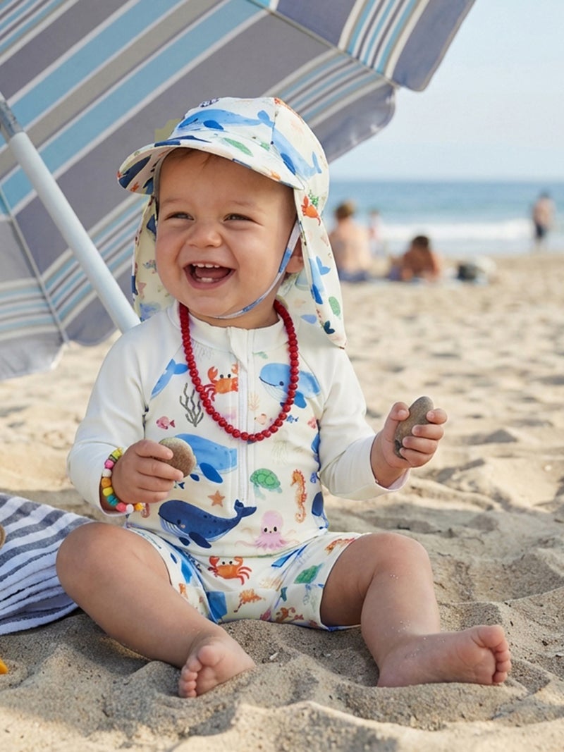 Baby Boys Swimsuit, Long Sleeve Animal Print Rash Guard Jumpsuit with Hat Summer Swimwear - Image 1