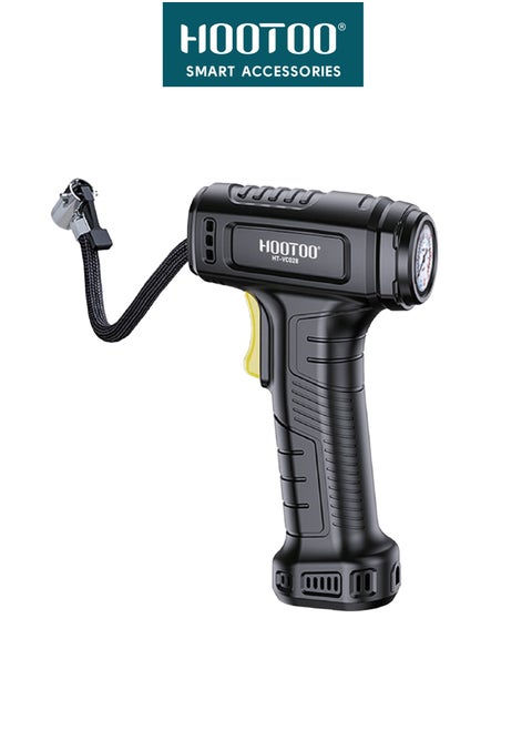 Tyre Air inflator for car and bicycle tires with strong and fast pressure and Indicator. Easy to carry and transport, it contains multiple heads. In black from HOOTOO