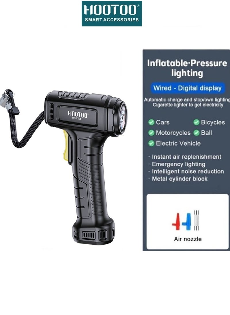 Tyre Air inflator for car and bicycle tires with strong and fast pressure and Indicator. Easy to carry and transport, it contains multiple heads. In black from HOOTOO