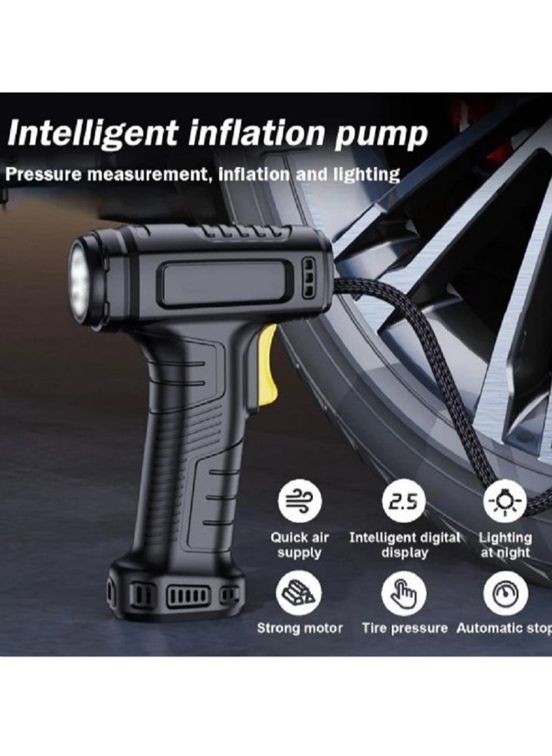 Tyre Air inflator for car and bicycle tires with strong and fast pressure and Indicator. Easy to carry and transport, it contains multiple heads. In black from HOOTOO