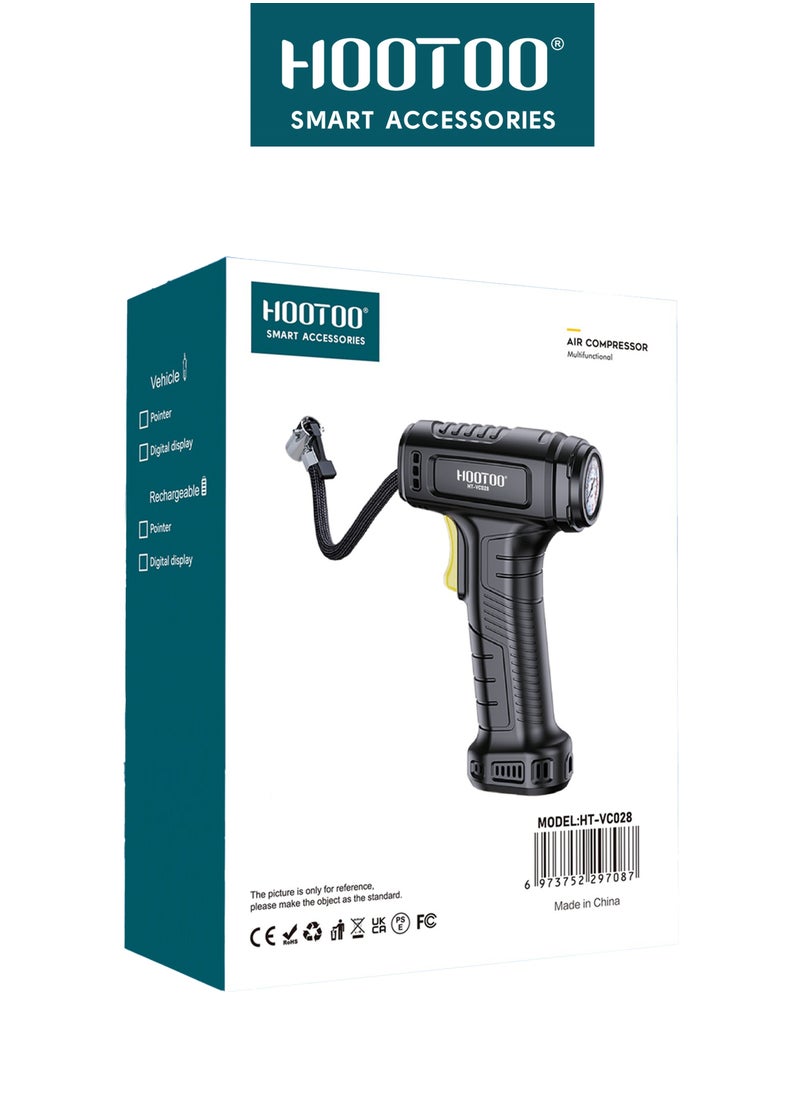 Tyre Air inflator for car and bicycle tires with strong and fast pressure and Indicator. Easy to carry and transport, it contains multiple heads. In black from HOOTOO