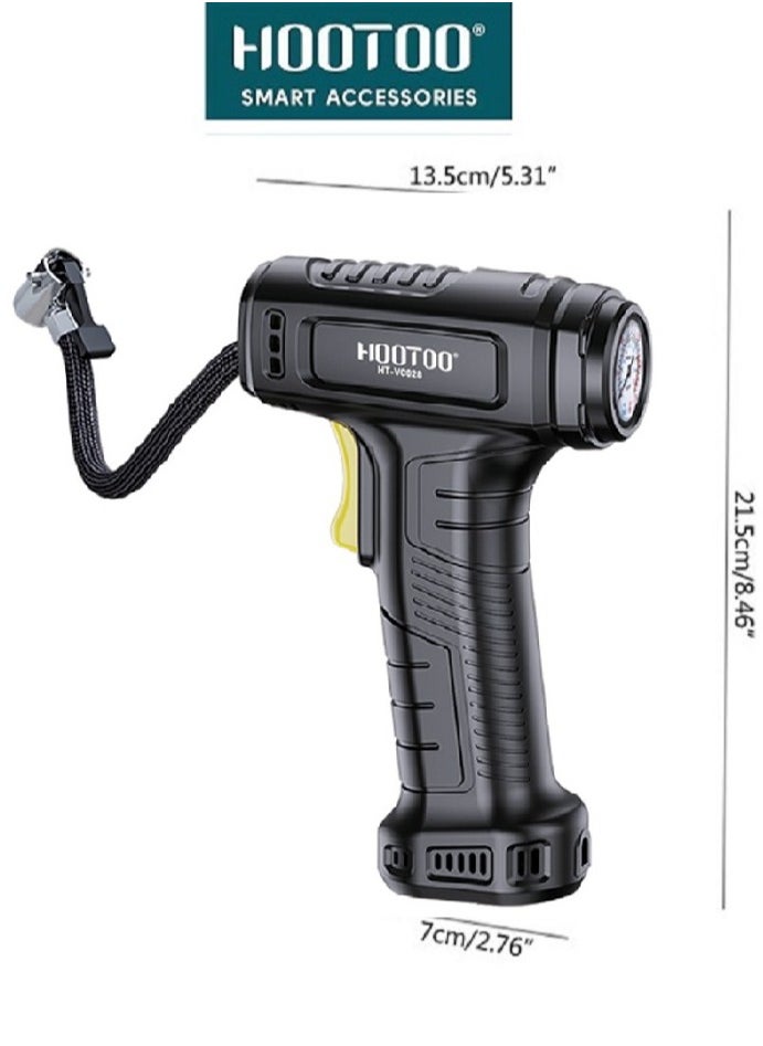 Tyre Air inflator for car and bicycle tires with strong and fast pressure and Indicator. Easy to carry and transport, it contains multiple heads. In black from HOOTOO
