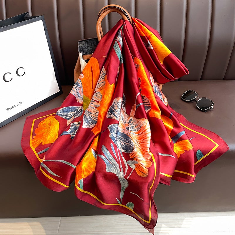 New Summer Lotus Yourou Yarn Long Scarf Shawl Scarf Sunscreen Li Jin Forged Printing Baotou Scarf Direct Selling Burgundy 