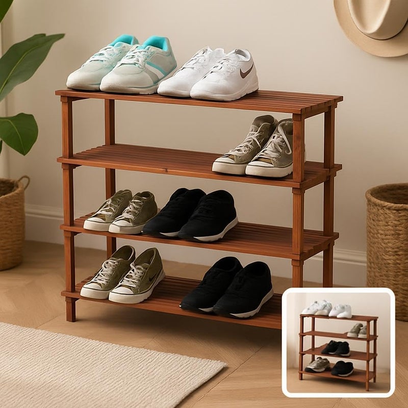 Fitto Wooden Shoe Rack 4 Tier, Coffee Brown, 63x26x67cm - Image 3