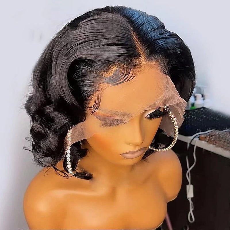 oulaer 13x6 Deep Part Wave Bob Wig - HD Transparent Lace Front Human Hair Wig, Pre Plucked Brazilian Remy, 150% Density, 10Inch, Wavy, Black, Natural Color, Bleached Knots - Image 3