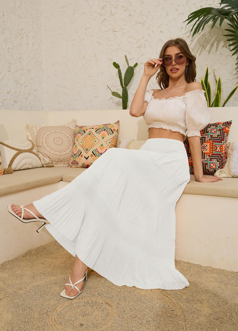 NiPaMi Women's Chiffon White Flowy Maxi Skirt Boho Fall Elastic Waisted Pleated A Line Long Skirts for Women 2025(White,S) - Image 3