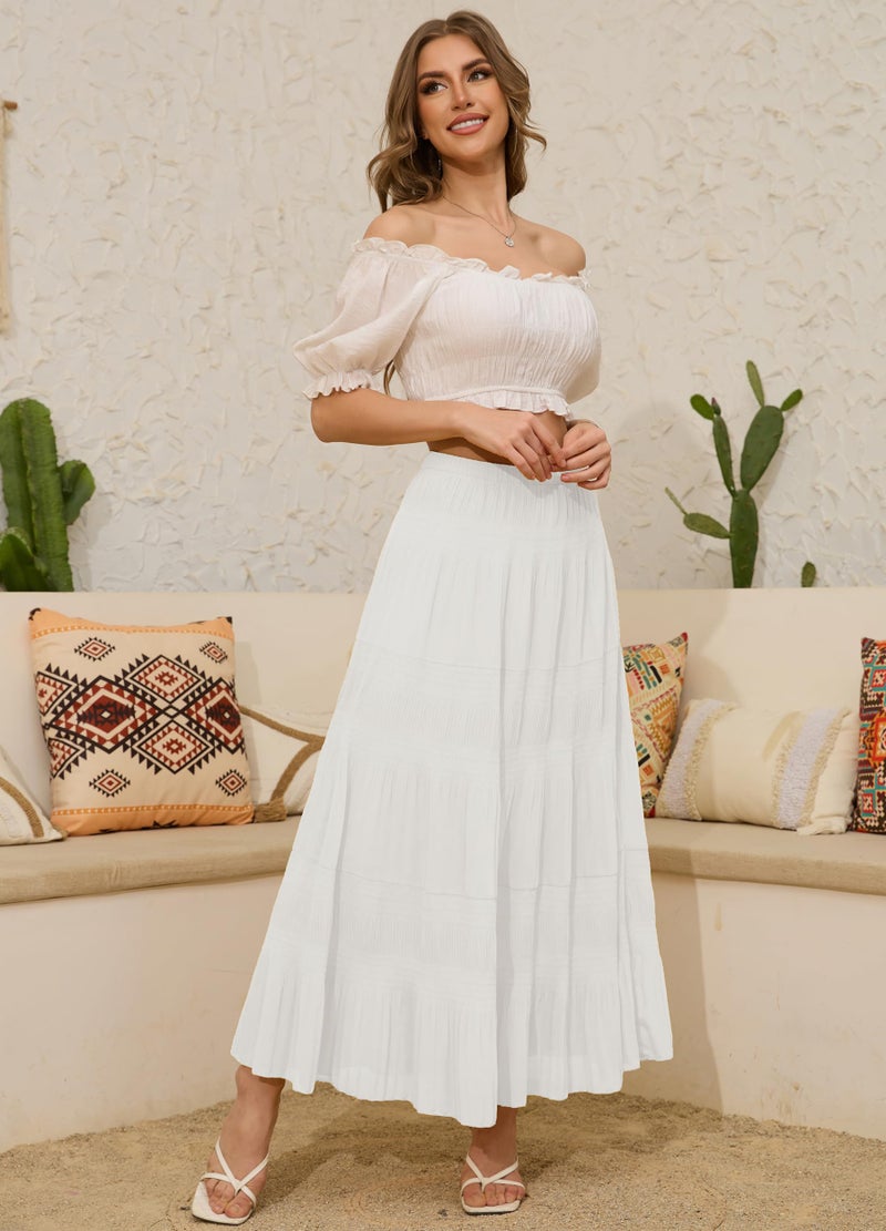 NiPaMi Women's Chiffon White Flowy Maxi Skirt Boho Fall Elastic Waisted Pleated A Line Long Skirts for Women 2025(White,S) - Image 2