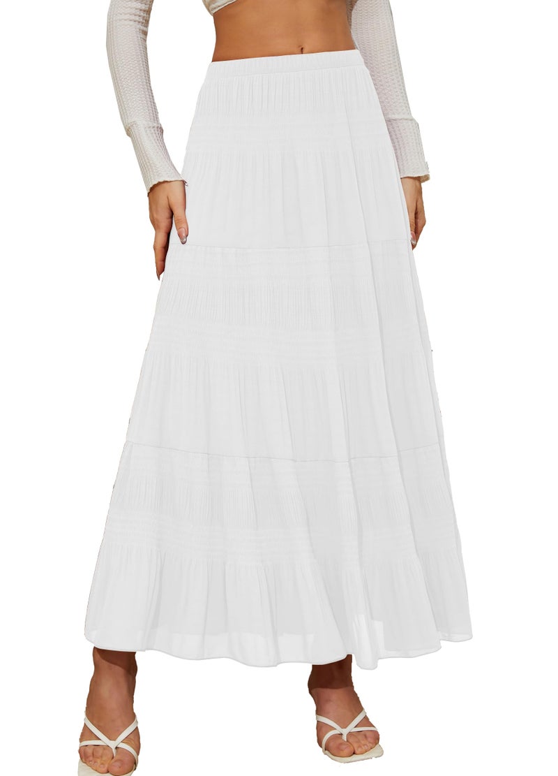 NiPaMi Women's Chiffon White Flowy Maxi Skirt Boho Fall Elastic Waisted Pleated A Line Long Skirts for Women 2025(White,S) - Image 1