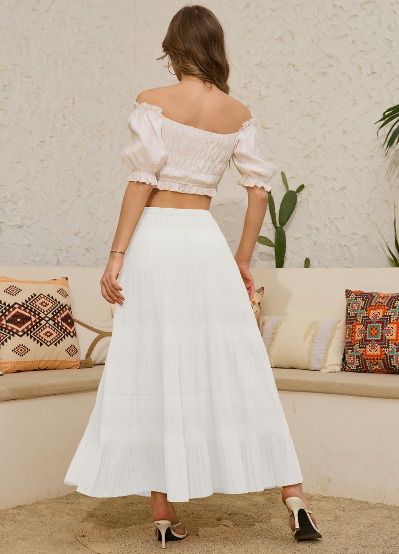 NiPaMi Women's Chiffon White Flowy Maxi Skirt Boho Fall Elastic Waisted Pleated A Line Long Skirts for Women 2025(White,S) - Image 4