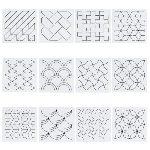 FREEBLOSS 12Pcs Sashiko Stencils Sashiko Embroidery PET Template Drawing Line Template for Hand Quilting Sashiko Patterns Templates Embroidery Stencils 5.5 * 5.5'' - Image 1