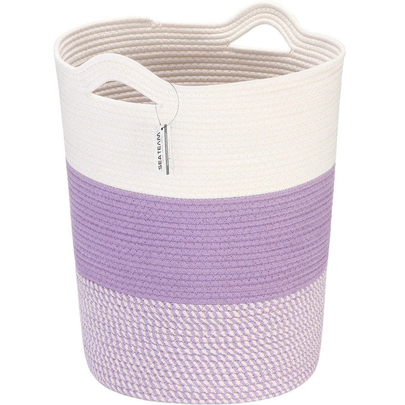 Sea Team Large Size Cotton Rope Woven Storage Basket with Handles Laundry Hamper Fabric Bucket Drum Clothes Toy Organizer for Kids Room 20 x 14 inches Round Open Design White Mottled Purple