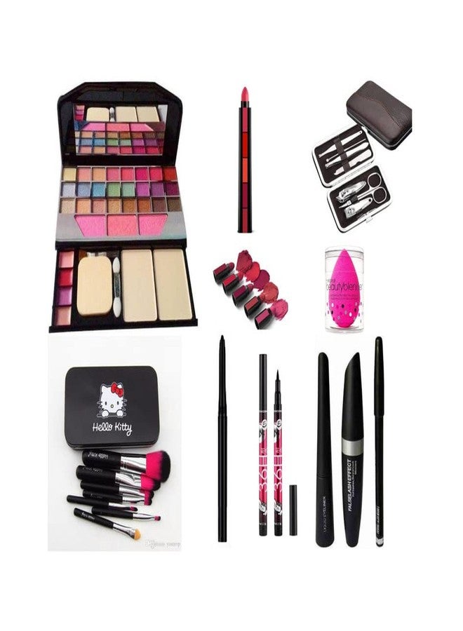 Glowhouse Professional makeup combi 6155 Makeup kit,7 pcs manicure kit,7 pcs black hello kitty makeup brush set,Eyeliner Makeup combo (Set of 10) - Image 1