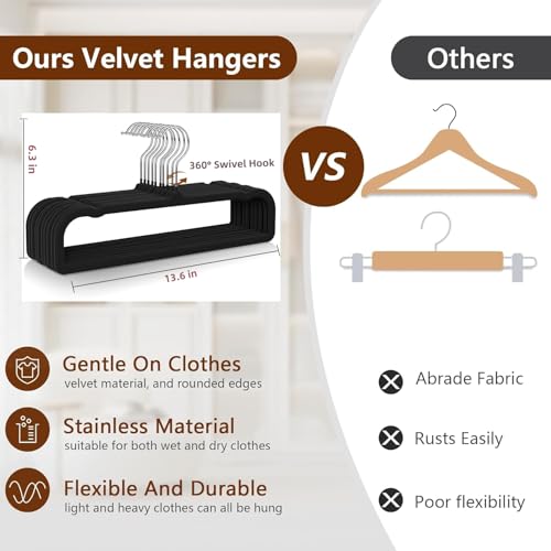 Besslly 50 Pack Black Velvet Hangers Non Slip, Felt Pants Hangers Thin Space Saving Clothes Hanger Flocked Strong Durable Ganchos para Colgar Ropa with 360°Swivel Hook for Pants Jeans Shorts Skirts Tank Top - Image 3