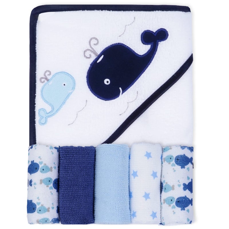 Viviland Baby Towels and Washcloths, Soft Absorbent Baby Boy Bath Towel Set, Whale Hooded Towels with 5 Infant Washclothsï¼Œ(6 Pieces) - Image 1