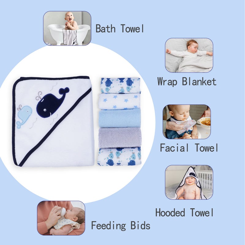 Viviland Baby Towels and Washcloths, Soft Absorbent Baby Boy Bath Towel Set, Whale Hooded Towels with 5 Infant Washclothsï¼Œ(6 Pieces) - Image 3