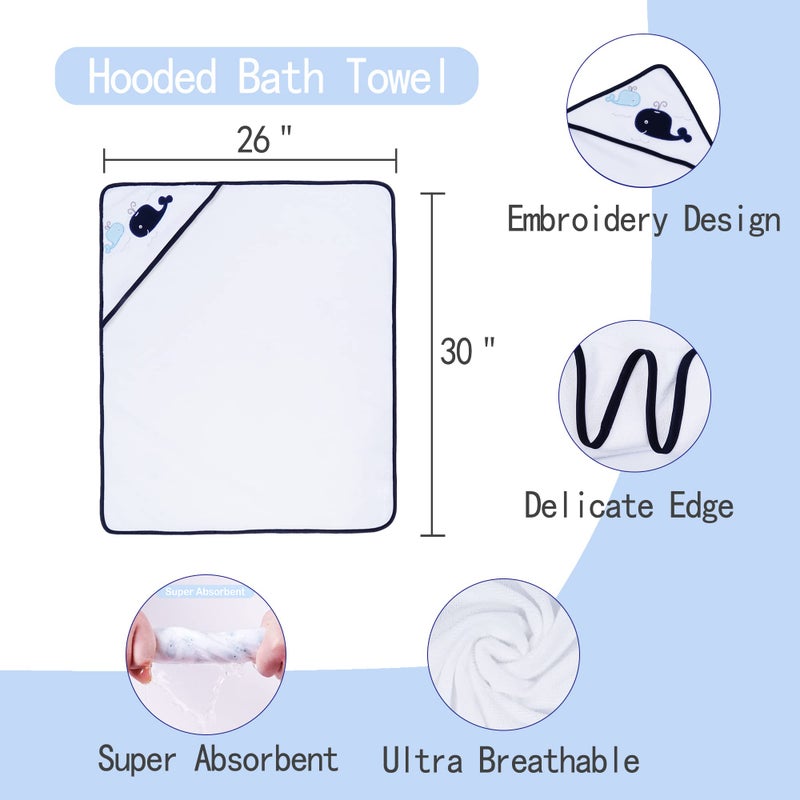 Viviland Baby Towels and Washcloths, Soft Absorbent Baby Boy Bath Towel Set, Whale Hooded Towels with 5 Infant Washclothsï¼Œ(6 Pieces) - Image 2