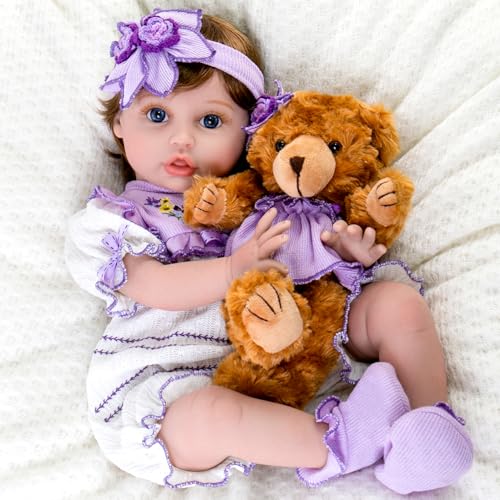 Aori Reborn Baby Dolls  22 Inch Realistic Lifelike Baby Girl  Handmade Vinyl Reborn Doll with Feeding Set  Purple Outfit Newborn Baby Doll for Kids 3 Collectors Role Play - Image 1