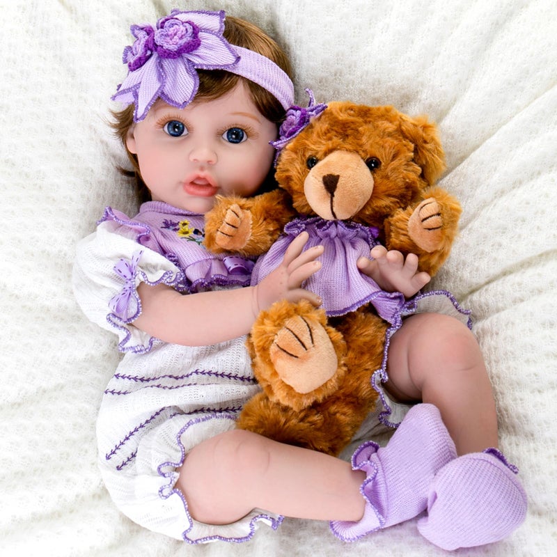 Aori Reborn Baby Dolls  22 Inch Realistic Lifelike Baby Girl  Handmade Vinyl Reborn Doll with Feeding Set  Purple Outfit Newborn Baby Doll for Kids 3 Collectors Role Play - Image 2