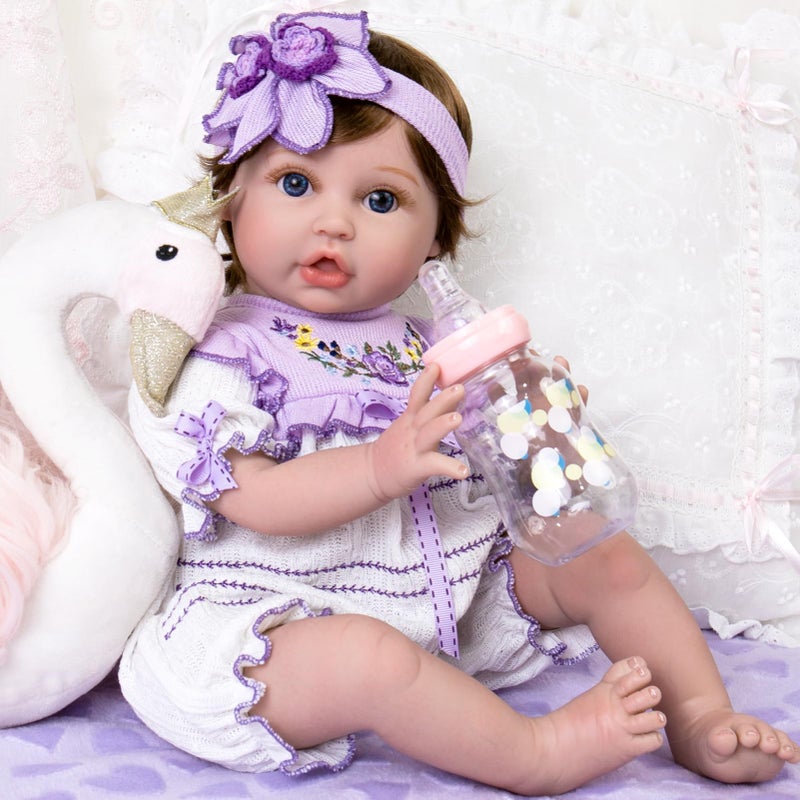 Aori Reborn Baby Dolls  22 Inch Realistic Lifelike Baby Girl  Handmade Vinyl Reborn Doll with Feeding Set  Purple Outfit Newborn Baby Doll for Kids 3 Collectors Role Play - Image 3