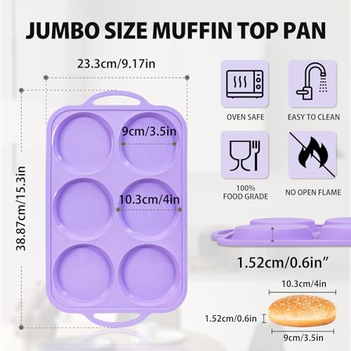 Vnray 4 Inch Jumbo Silicone Muffin Top Pan with Metal Frame, Non Stick Silicone Egg Mold for Oven, Large Whoopie Pie Baking Pan with Handle for English Breakfast Sandwich, Egg Bite, Bun Tart, Purple - Image 5