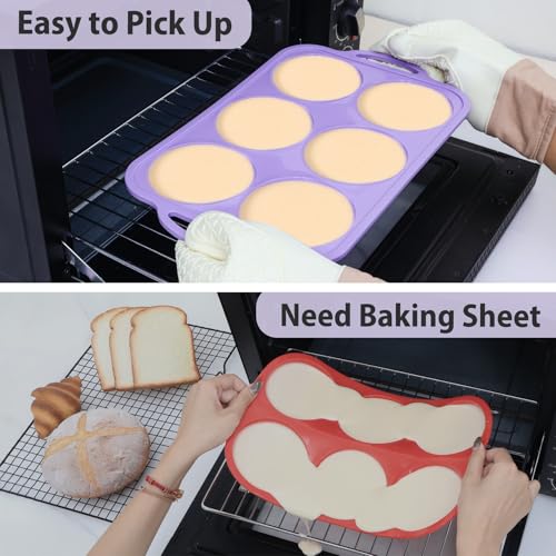 Vnray 4 Inch Jumbo Silicone Muffin Top Pan with Metal Frame, Non Stick Silicone Egg Mold for Oven, Large Whoopie Pie Baking Pan with Handle for English Breakfast Sandwich, Egg Bite, Bun Tart, Purple - Image 4